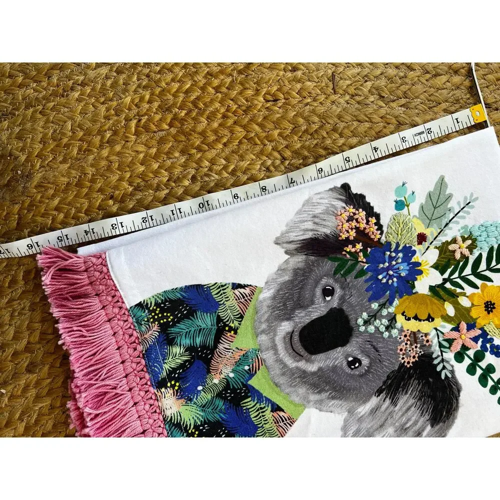 Anthropologie Mia Charro Embroidered Koala Animal Dish Towel 100% COTTON